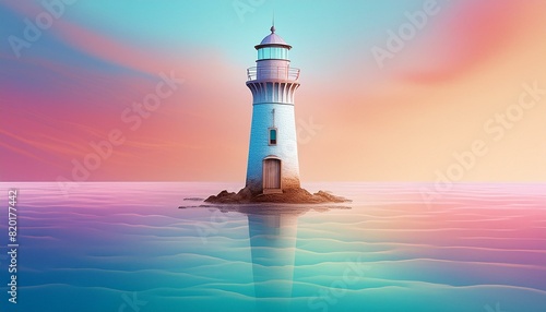 A lighthouse by the sea with calm waters and the first light of dawn breaking. The pastel photo