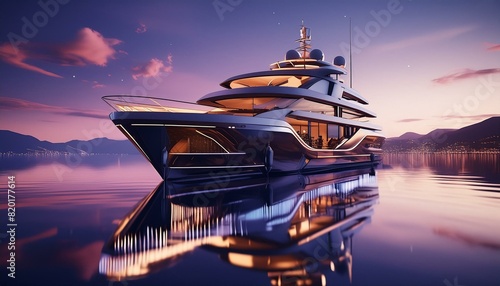 A luxury yacht hosting a party at dusk, with soft ambient lighting and reflections on the water