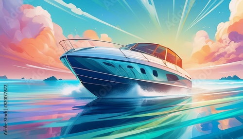  A modern motorboat speeding through calm, clear waters with a sleek design and smooth wake photo