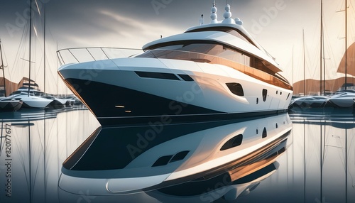A luxury yacht hosting a party at dusk, with soft ambient lighting and reflections on the wa