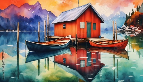  A small boathouse with boats tied up along the dock, reflected in the still water.  photo