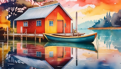  A small boathouse with boats tied up along the dock, reflected in the still water.  photo