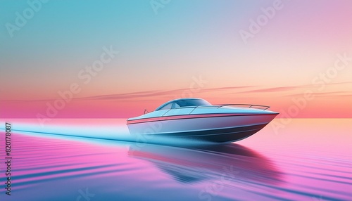 A speed boat navigating near a rocky shore with detailed rock textures and gentle waves.