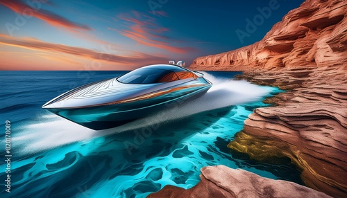 A speed boat navigating near a rocky shore with detailed rock textures and gentle waves.