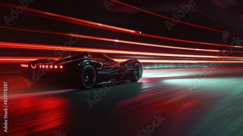Highspeed red sports car driving through the city streets at night, leaving light trails behind in a stylish and dynamic image of urban travel and excitement