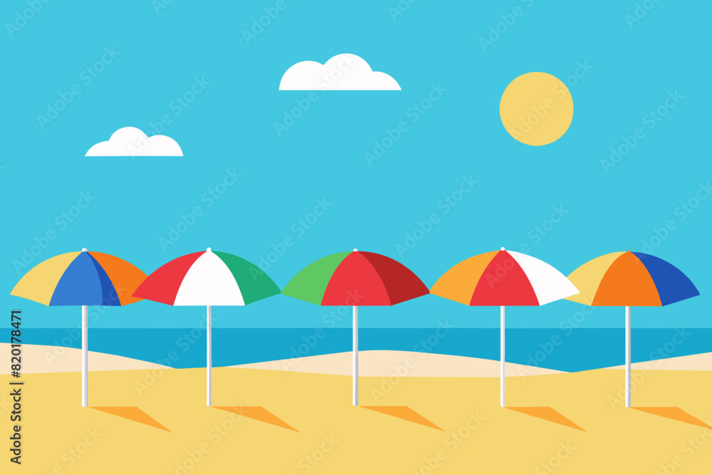 Colorful beach umbrellas lined up on a sandy beach with clear blue skies and bright sunlight. Concept of beach resort, summer vacation, sun protection, and leisure. Graphic