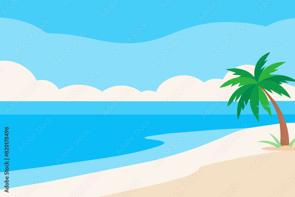 Tropical beach landscape with palm trees and ocean view. Serene coastal scene. Concept of travel, summer vacation, and peaceful beaches. Graphic illustration