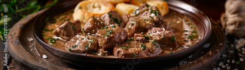 Czech Svickova, slices of beef in a creamy vegetable sauce, served with bread dumplings, traditional tavern setting, warm and inviting © peeradol