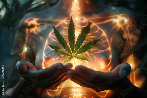 Close-up of hands holding a cannabis leaf over an illuminated human body figure, representing the healing properties of nature