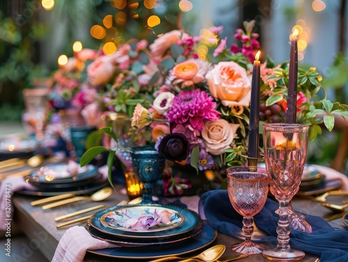 An elegant table setting with a beautiful floral centerpiece