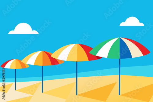 Colorful beach umbrellas lined up on a sandy beach with clear blue skies and bright sunlight. Concept of beach resort, summer vacation, sun protection, and leisure. Araphic artwork
