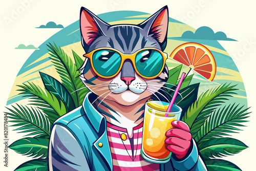 Cat in sunglasses enjoying fruit cocktail in tropical setting. Feline with soft drink. Concept of summer vibes, refreshing drink, exotic beverage, vacation. Design. Print. Graphic illustration