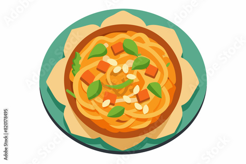 Pad Thai with tofu, noodles, and vegetables in a bowl. Traditional Thai dish. Concept of healthy eating, vegetarian cuisine, Asian culinary tradition. Graphic illustration isolated on white background