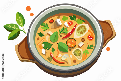 Tom Kha Gai in bowl with chicken, mushrooms in coconut milk broth. Traditional Thai coconut soup with fresh herbs. Concept of authentic Asian cuisine. Graphic illustration. Isolated on white surface