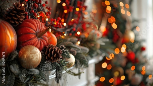 A beautiful Christmas decoration with a pumpkin  pine cones  and ornaments. The perfect way to add a festive touch to your home this holiday season.