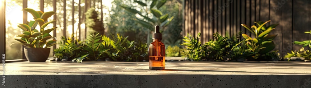 A contemporary setup with an amber oil bottle on a polished concrete slab, simple greenery in the background, creating a tranquil scene, ample space above for minimalist text. A contemporary setup with an amber oil bottle on a polished concrete slab, simple greenery in the background, creating a tranquil scene, ample space above for minimalist text.