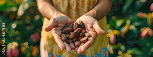 Cocoa beans harvest in the hands of a woman. Selective focus.