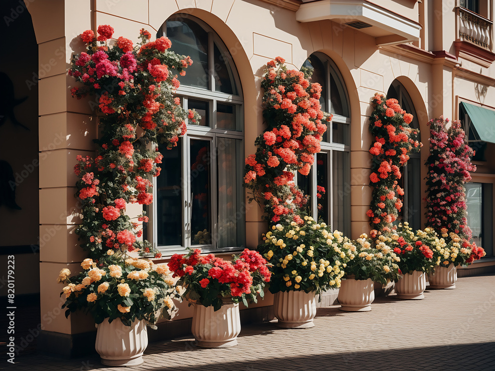 Naklejka premium Building adorned with artificial blooms, creating a floral facade in a resort setting