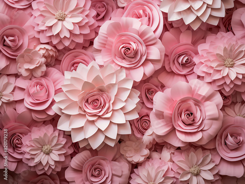 A backdrop of pink paper flowers lending a decorative touch