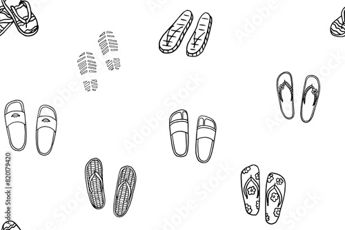 Seamless pattern of different flip flops, slates and footprints in the sand in doodle style. Summer time. Beach shoes. Beach fashion. Hand drawn. Great for poster, banner and professional design.