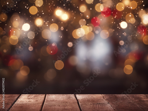 Christmas bokeh lights softly blur against a wooden tabletop  perfect for showcasing products
