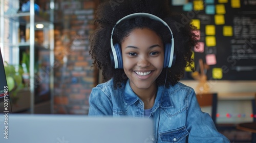 Smiling Woman with Headphones photo