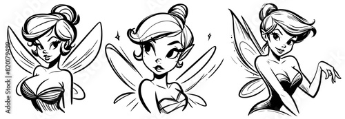 magic fairy pin-up girl illustration, adorable beautiful pinup woman model, comic book cartoon character, black shape silhouette vector decoration