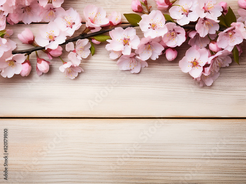 White wooden plank background adorned with spring blossoms