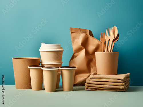 Eco-friendly paper tableware and wooden cutlery on colored background