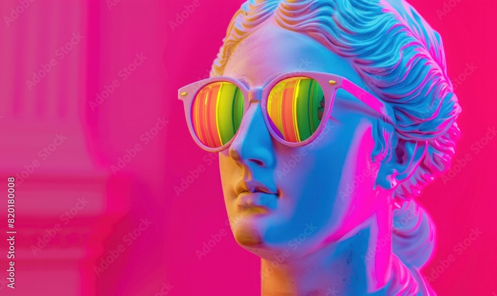 Woman wearing sunglasses in front of bright pink and purple background in fashion and beauty concept