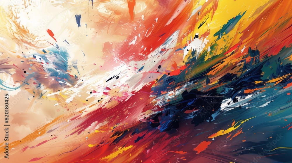 A digital painting featuring dynamic splashes of bright colors in an abstract composition A digital painting featuring dynamic splashes of bright colors in an abstract composition