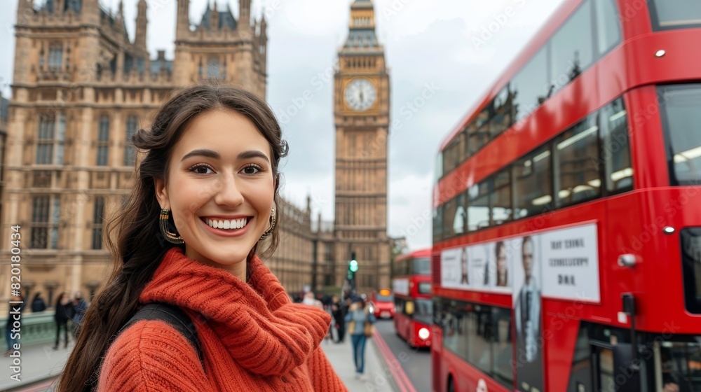 Chic young tourist exploring lively london, capturing essence of european travel and leisure Chic young tourist exploring lively london, capturing essence of european travel and leisure