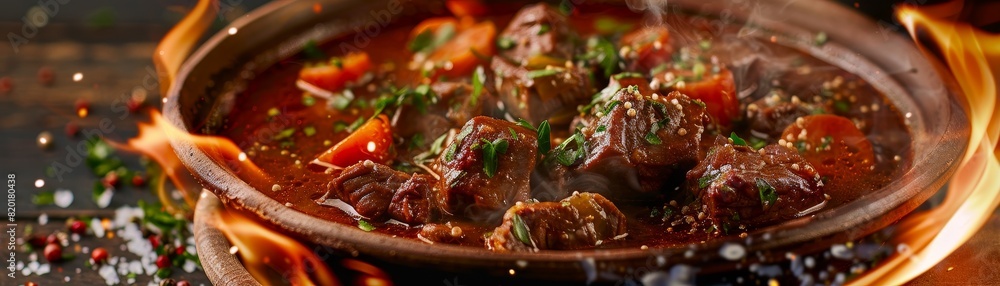 Goulash, hearty beef and vegetable stew, rustic Central European kitchen Goulash, hearty beef and vegetable stew, rustic Central European kitchen