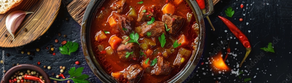 Goulash, hearty beef and vegetable stew, rustic Central European kitchen Goulash, hearty beef and vegetable stew, rustic Central European kitchen