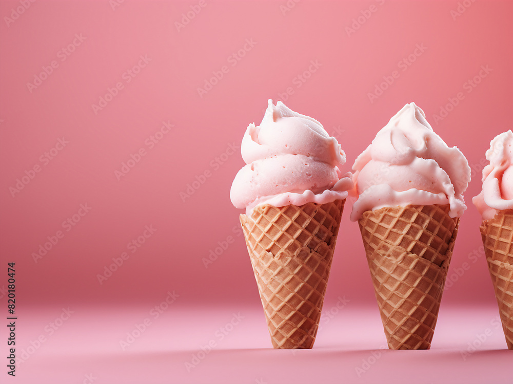 Pink background hosts ice cream cones, offering space Pink background hosts ice cream cones, offering space