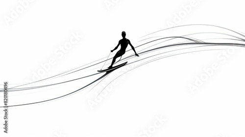Full length portrait of an athlete surfing on a surfboard, black outline isolated on white background