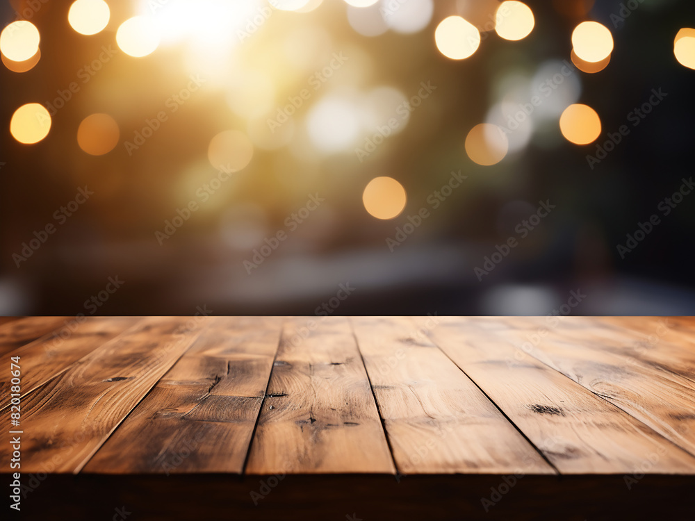 A wooden table sits before a backdrop of soft abstraction A wooden table sits before a backdrop of soft abstraction