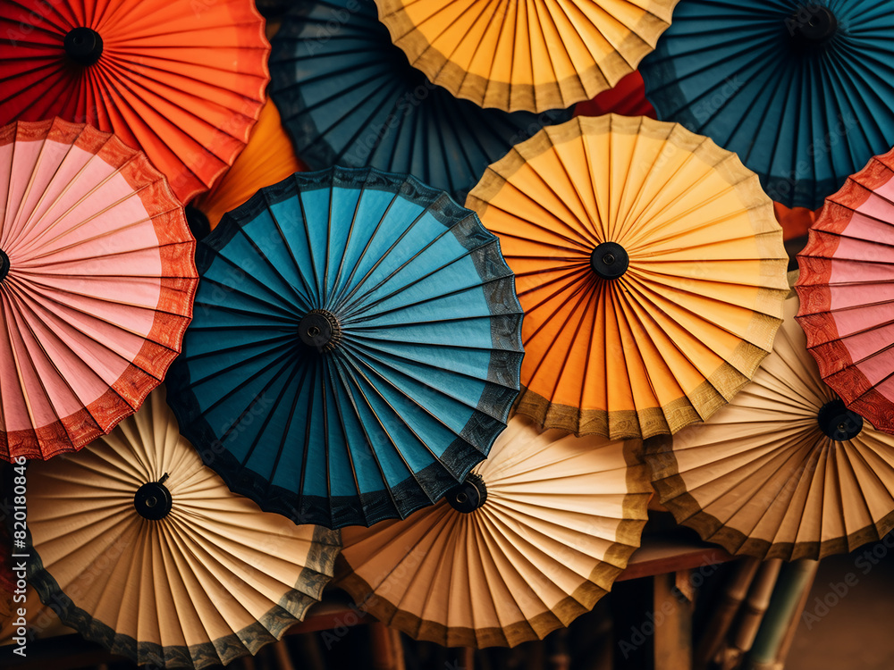 Vintage parasols in various colors adorn Luang Prabang, Laos, adding charm