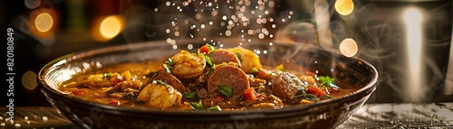 Gumbo, rich and hearty with seafood and sausage, served in a deep bowl, New Orleans jazz bar background photo