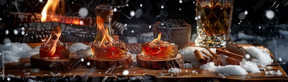 Hakarl, fermented shark meat, Icelandic delicacy, served on a wooden board with schnapps, cold snowy backdrop Hakarl, fermented shark meat, Icelandic delicacy, served on a wooden board with schnapps, cold snowy backdrop