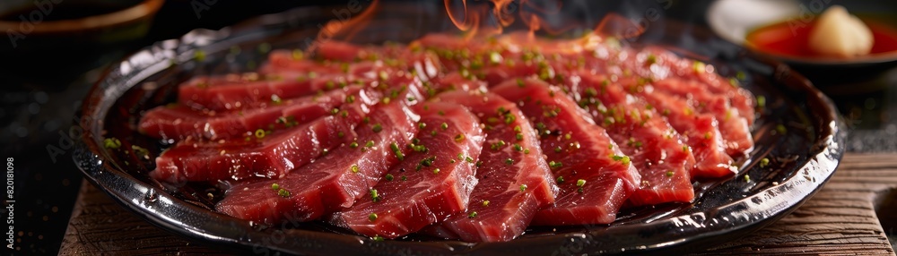 Horse meat sashimi, thinly sliced, served in a traditional Japanese izakaya Horse meat sashimi, thinly sliced, served in a traditional Japanese izakaya