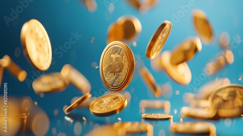 Bitcoin coins raining on a blue background - Numerous Bitcoin coins in mid-air, creating a sense of a crypto currency rainfall against a deep blue backdrop photo