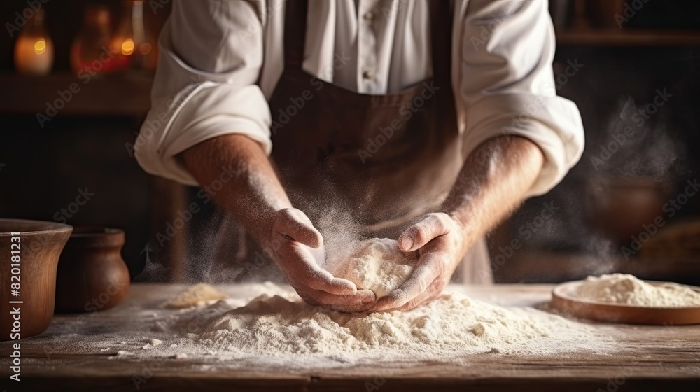Clap hands of baker with flour. Beautiful and strong men's hands knead the dough make bread, pasta or pizza. Powdery flour flying into air. Clap hands of baker with flour. Beautiful and strong men's hands knead the dough make bread, pasta or pizza. Powdery flour flying into air.