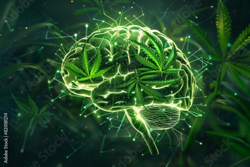 Brain with glowing neural pathways formed by cannabis leaves, illustrating the positive effects on the nervous system