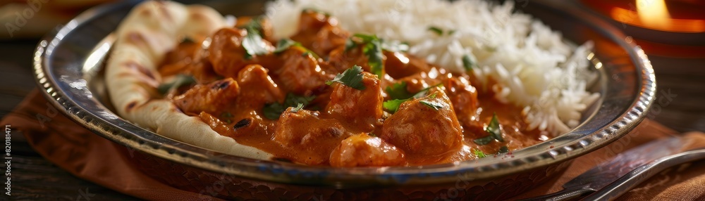 Indian butter chicken, creamy and rich, served with basmati rice and naan, warm ambient lighting in a traditional Indian restaurant Indian butter chicken, creamy and rich, served with basmati rice and naan, warm ambient lighting in a traditional Indian restaurant