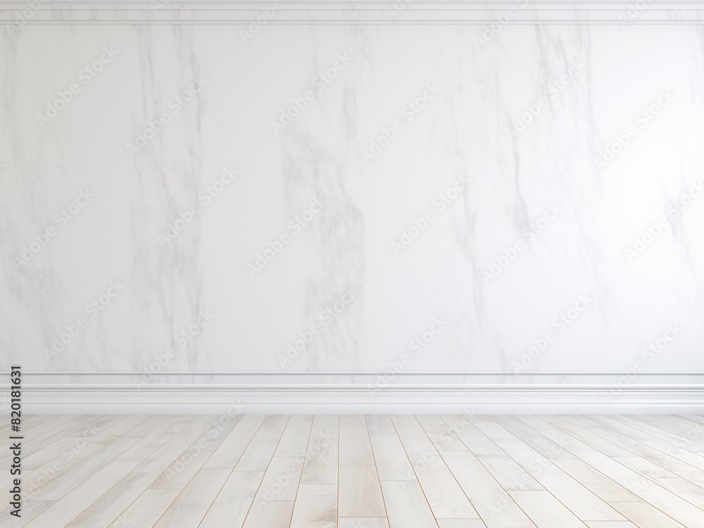 Fototapeta premium Light white marble tile wall with grey wooden flooring, textured and modern