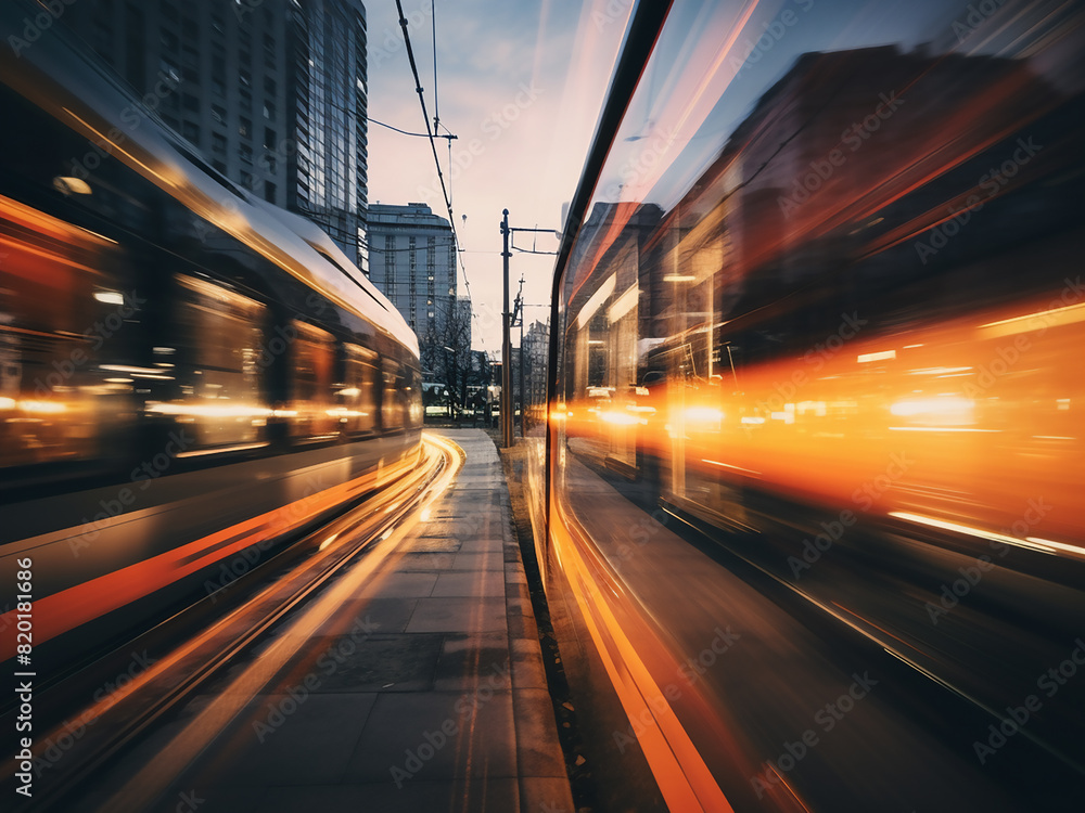 Blurred lights of a cityscape overlaid with a moving train, creating an abstract background Blurred lights of a cityscape overlaid with a moving train, creating an abstract background