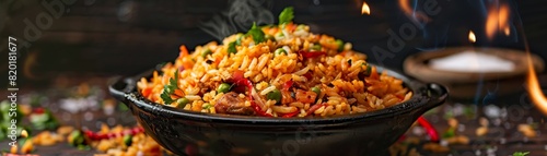 Jollof rice, spicy and colorful with chicken and vegetables, festive West African celebration photo