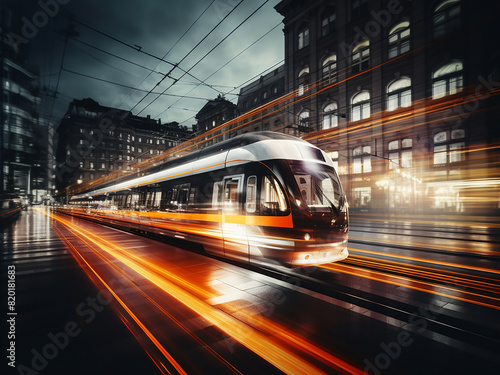 Double exposure effect: blurred cityscape and moving train create abstract background