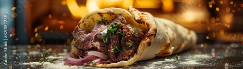Lamb gyro, wrapped in a soft pita with tzatziki and onions, bustling Athenian street photo